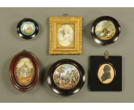 A 19th century silhouette portrait miniature, a portrait miniature frame, two pot lids, a small framed Elizabethan style prin