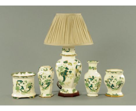 A Masons Ironstone Chartreuse pattern table lamp, with pleated shade.  Overall height 52 cm, together with three vases and a 