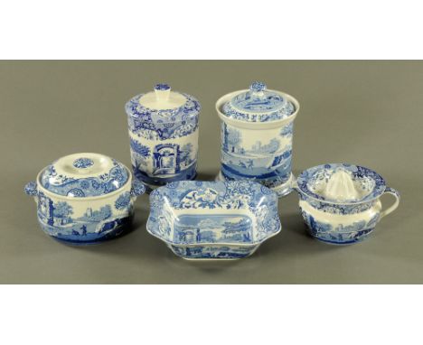 Five pieces of Spode Blue Italian and 1816 design wares, two cylindrical lidded pots, entree dish, square form dish and lemon