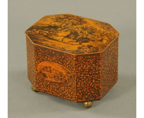 A 19th century sycamore and pen work caddy, with Mauchline panel by Lammie of Cumnock depicting huntsman with hounds "Death o