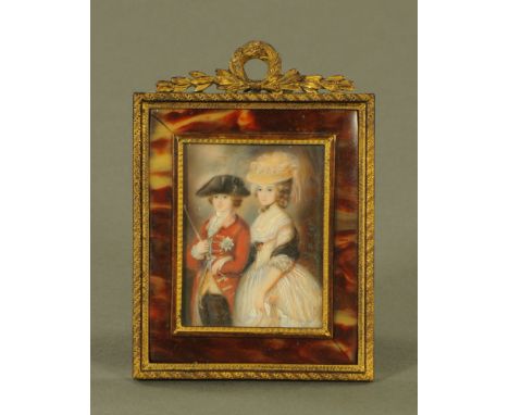 A late 19th century portrait miniature of a young couple in brass and faux tortoiseshell frame.  Painting dimensions 8 cm x 6