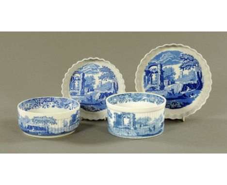 Three pieces of Spode Imperial cookware and a ribbed 1816 pattern tall sided dish.  Largest diameter 24 cm.