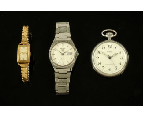 A vintage Seiko 5 gentleman's stainless steel wristwatch, together with a Burnex pocket watch and an Art Deco cocktail watch.