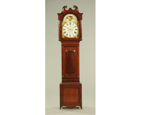 An early 19th century mahogany longcase clock, with eight day striking movement with moon phase to arch, the case with swans 