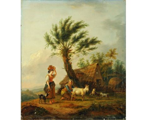 Louis Verboek Hoven (Belgian 1802-1889), oil on panel, figures in landscape with thatched building.  56 cm x 49 cm, framed, s