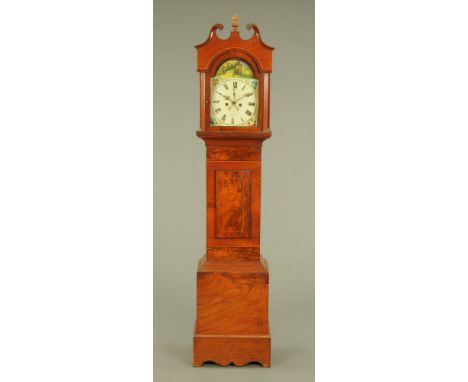 An early 19th century mahogany longcase clock, with arched painted dial by H Davies Yeovil, with Kirkstall Abbey scene to arc