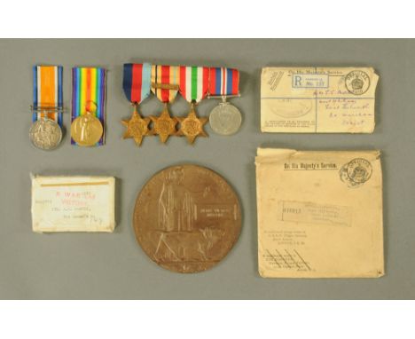 A First World War death plaque to Alma Victor Martin, together with War and Victory medals to the same Private A V Martin, Th