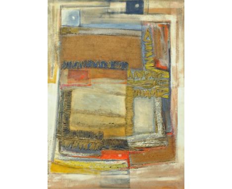 Anne Gillie, mixed media abstract on board.  90 cm x 121 cm, framed, signed verso. CONDITION REPORT: This mixed media work is