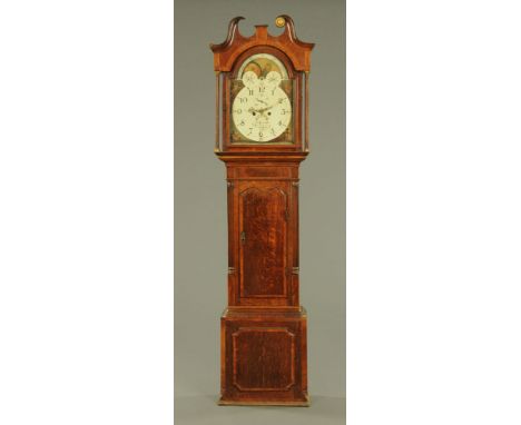 A George III mahogany crossbanded longcase clock by W Bucknall Burslem, eight day with moonphase, the case with swans neck pe