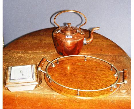 A mixed lot including a copper kettle, oak cased barometer & oak twin handled tray.