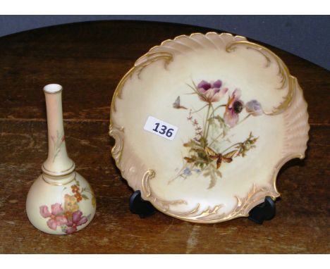 Two fine pieces of Royal Worcester blush ivory porcelain, a scalloped shape decorative dish & bud vase with indistinct initia