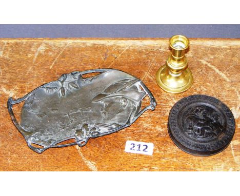 Various items of metal wares including a pewter tray cast in the form of an Austrian mans head & hunting scene, probably c.19