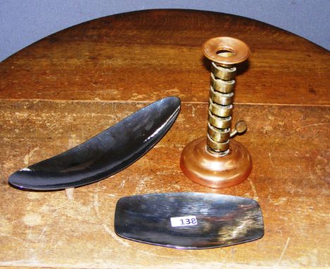 Two Keswick school of industrial art steel dishes with hand beaten design, twist design candlestick etc.