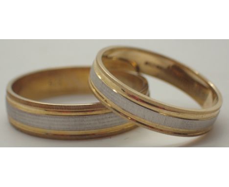 Pair of matching ladies and gents wedding rings 9ct yellow and white gold  size X and size R 4.4g
