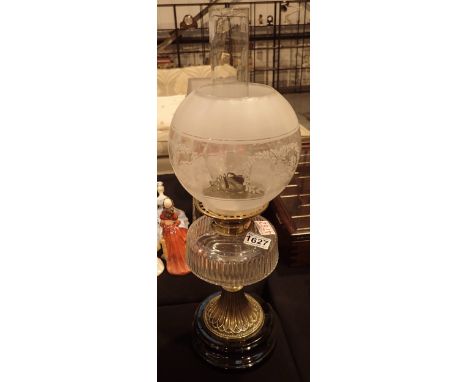 Victorian glass reservoir table lamp with etched glass shade