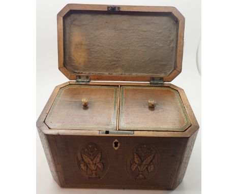 Edwardian wooden tea caddy with twin lidded interior and inlaid case (excluding key) CONDITION REPORT: Hinges are firm with f