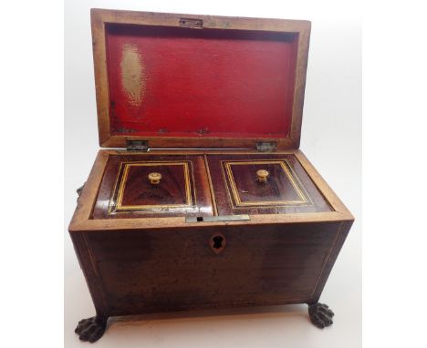 Georgian style tea caddy with lidded interior lion mask handles and cast metal paw feet CONDITION REPORT: Hinges appear in go