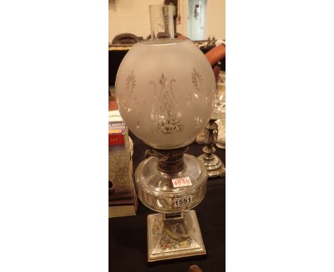 Victorian oil lamp with glass reservoir etched shade and cast iron base
