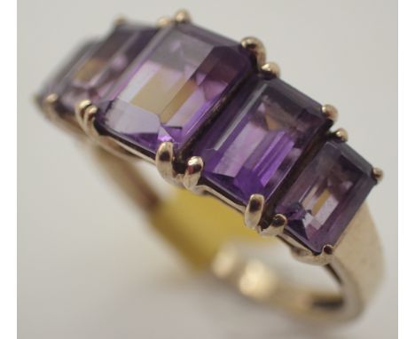 9ct gold five stone emerald cut amethyst ring size M