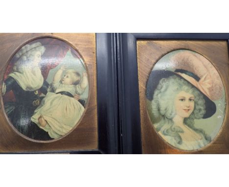 Two 18thC style miniature portrait prints both varnished to appear aged