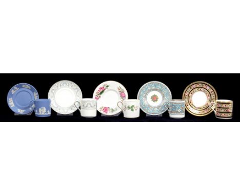 FIVE WEDGWOOD BONE CHINA OR JASPER WARE COFFEE CANS AND SAUCERS, SAUCERS 12CM DIAM, IMPRESSED AND PRINTED MARKS