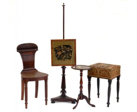 A REGENCY OAK HALL CHAIR AND A  VICTORIAN POLESCREEN WITH WOOLWORK BANNER, STOOL WITH EMBROIDERED SEAT AND TRIPOD TABLE