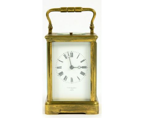 A FRENCH BRASS CARRIAGE CLOCK, THE WHITE ENAMEL DIAL SIGNED FOR THE RETAILER T. R. RUSSELL 1776 PARIS, THE REPEATING MOVEMENT