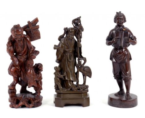 TWO JAPANESE CARVED WOOD FIGURES, 26CM AND 28CM H AND ANOTHER ITEM