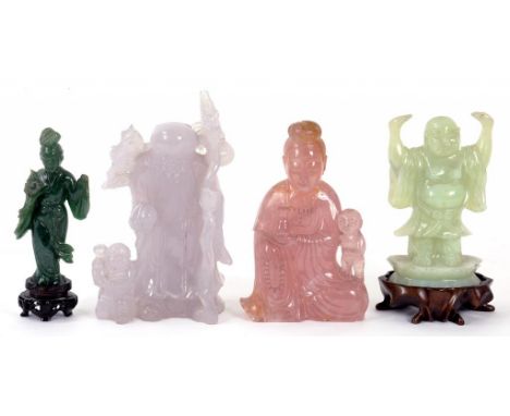A JADE CARVING OF A CORPULENT MAN WITH UPRAISED ARMS, 12CM H, a CHINESE LAVENDER QUARTZ CARVING OF SHOULAO, A SIMILAR ROSE QU