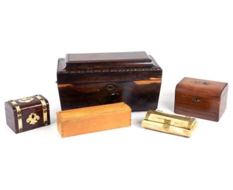 A VICTORIAN ROSEWOOD TEA CADDY, 33CM W, SEVERAL OTHER 19TH CENTURY BOXES, ETC