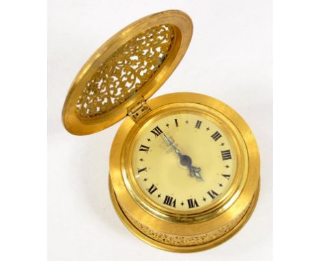 A JAEGER GILT BRASS RECITAL ALARM CLOCK, IN FILIGREE CASE WITH DOMED LID, 7.5CM DIAM