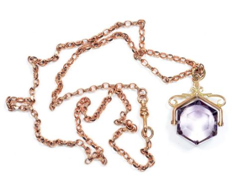 A GOLD NECKLET, 14.2G AND A GOLD AND AMETHYST HEXAGONAL SWIVEL FOB SEAL