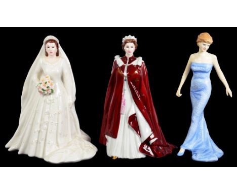 TWO ROYAL WORCESTER BONE CHINA FIGURES OF HM THE QUEEN AND A ROYAL DOULTON FIGURE OF DIANA PRINCESS OF WALES, VARIOUS SIZES, 