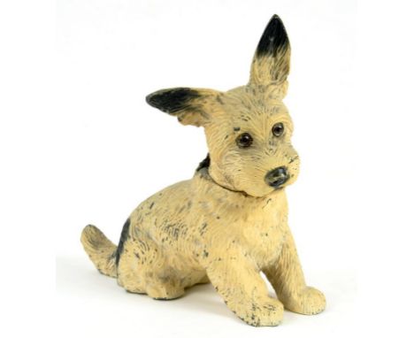 A COLD PAINTED SPELTER NOVELTY TABLE LIGHTER IN THE FORM OF A PUPPY WITH GLASS EYES, 15CM H, EARLY 20TH CENTURY