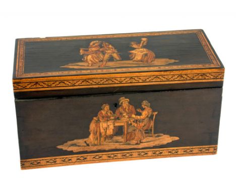 AN ITALIAN MARQUETRY TEA CADDY, THE INLAID INTERIOR RETAINING THE PAIR OF ORIGINAL LIDDED TEA CANISTERS, 26CM W, 19TH CENTURY