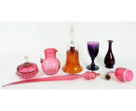 A VICTORIAN AMETHYST GLASS GOBLET, 18CM H, A VICTORIAN CRANBERRY GLASS ORNAMENTAL PIPE AND DETACHABLE BOWL, A CRANBERRY GLASS