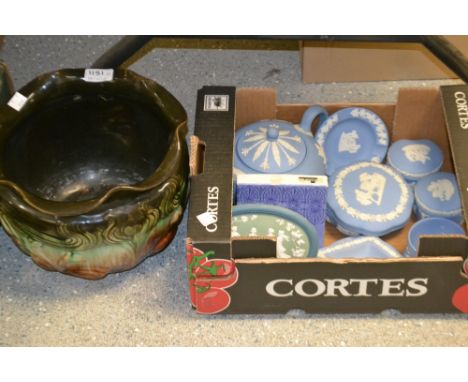 Ceramics - a Wedgwood pale blue Jasper shaped circular trinket dish; others; a Needham Majolica glazed planter