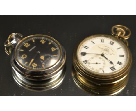 Watches - an Ingersoll open face pocket watch, black dial, luminous Arabic numerals and baton markers, subsidiary seconds, bu