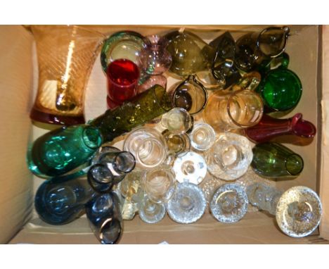 A Scandinavian studio glass candlestick; vases; others (1 box)