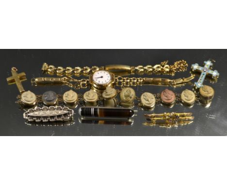 Jewellery - a 19th century lava intaglio ten panel bracelet;  a 9ct gold Amethyst, Tourmaline and Seed pearl bar brooch;  1 9