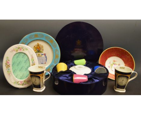 A Royal Worcester coffee set in celebration of HRH 80th birthday, boxed ; a Minton floral and gilt bowl ; an Aynsley oval pho