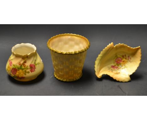 A Royal Worcester basket weave planter, gilt rim and foot, a blush ivory vase, a leave dish (3)