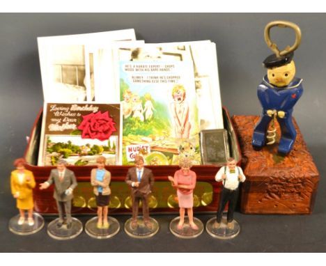 Boxes and Objects - a set of six icon painted metal Coronation Street figures; a novelty sailor corkscrew bottle opener; a ve