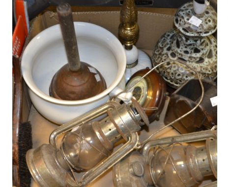 A pair of hurricane parafin lamps; a copper ponch; a sheep 8 wheel barometer; table lamps; etc. 