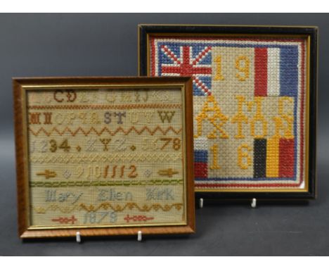 A Victorian alphabet sampler, worked my Mary Ellen Kirk, dated 1878, framed; a 1916 C.A.M.C. Buxton tapestry (2)