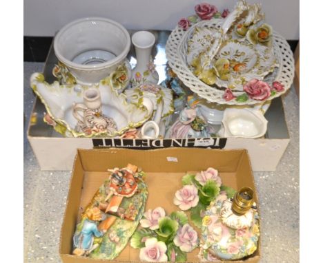 Ceramics-   a continental lamp decorated with cherubs, applied flowers on a pink ground;  a pair of Capodimonte candlesticks,