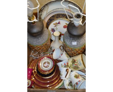 Ceramics - a Poole pottery circular fruit bowl;  Limogue's plates vases, hunting plates;  a pair of studio pottery table lamp