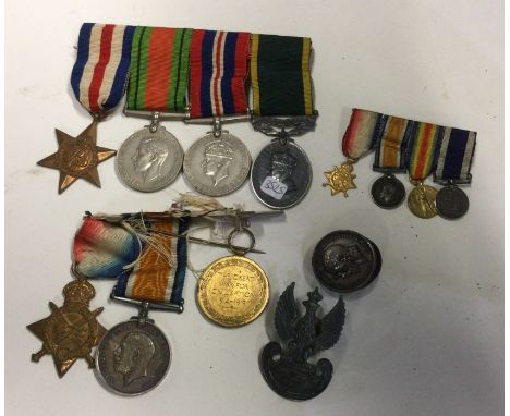A good set of war medals together with miniatures presented to 'Cpt. R E E Shelby 270066'. Est. £50 - £80.