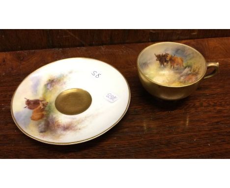 An attractive Royal Worcester miniature cabinet cup and saucer decorated with Highland cattle. By Stinton. Est. £50 - £80.