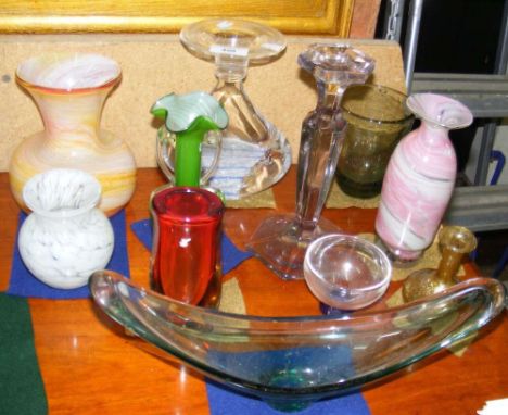 Collection of various glassware items, including candlestick, vases, etc.